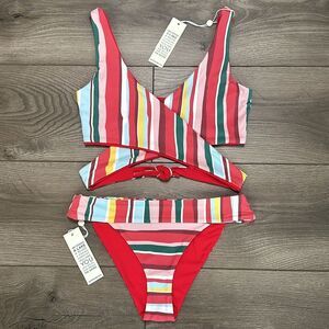 Shore Banded Vibrant Multicolor Wrap Reversible Bikini Swim‎ Suit Size Small